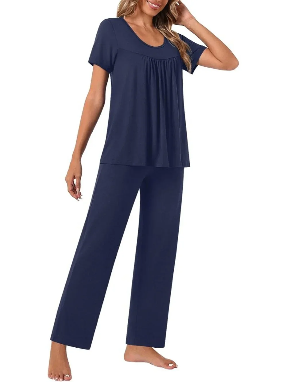 Women's Navy Blue Flowers Loungewear 2 Piece Pajama Sets Sleepwear with Pockets